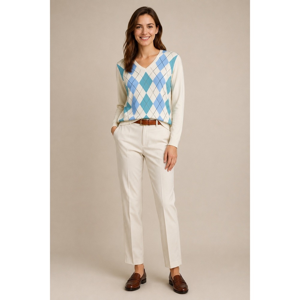 Tommy Hilfiger Women's Large Ivory Blue Argyle V-Neck Knit Cotton Sweater Preppy